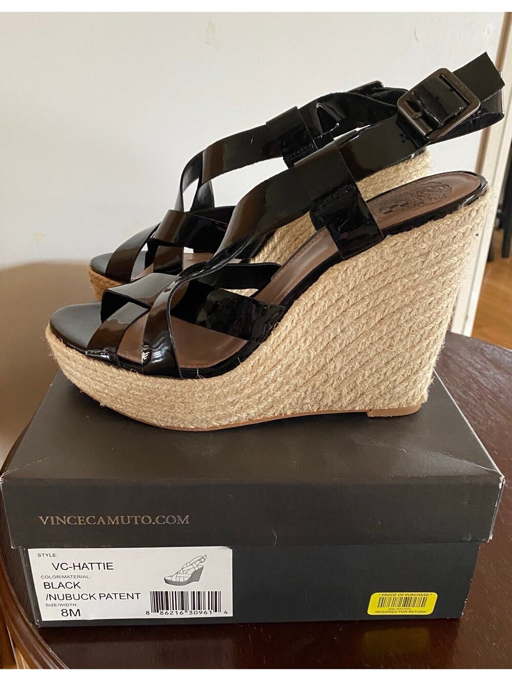 Vince Camuto Hattie Black Patent Wedge Sandals Size 8M